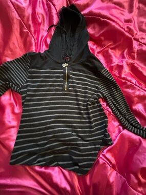 Jones New York Black and Gray Striped Hooded Half-Zip Pullover